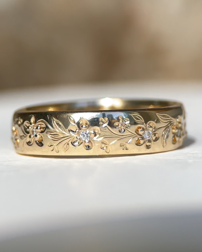 Geraldton Wax ring, hand engraved 14k yellow gold wedding band
